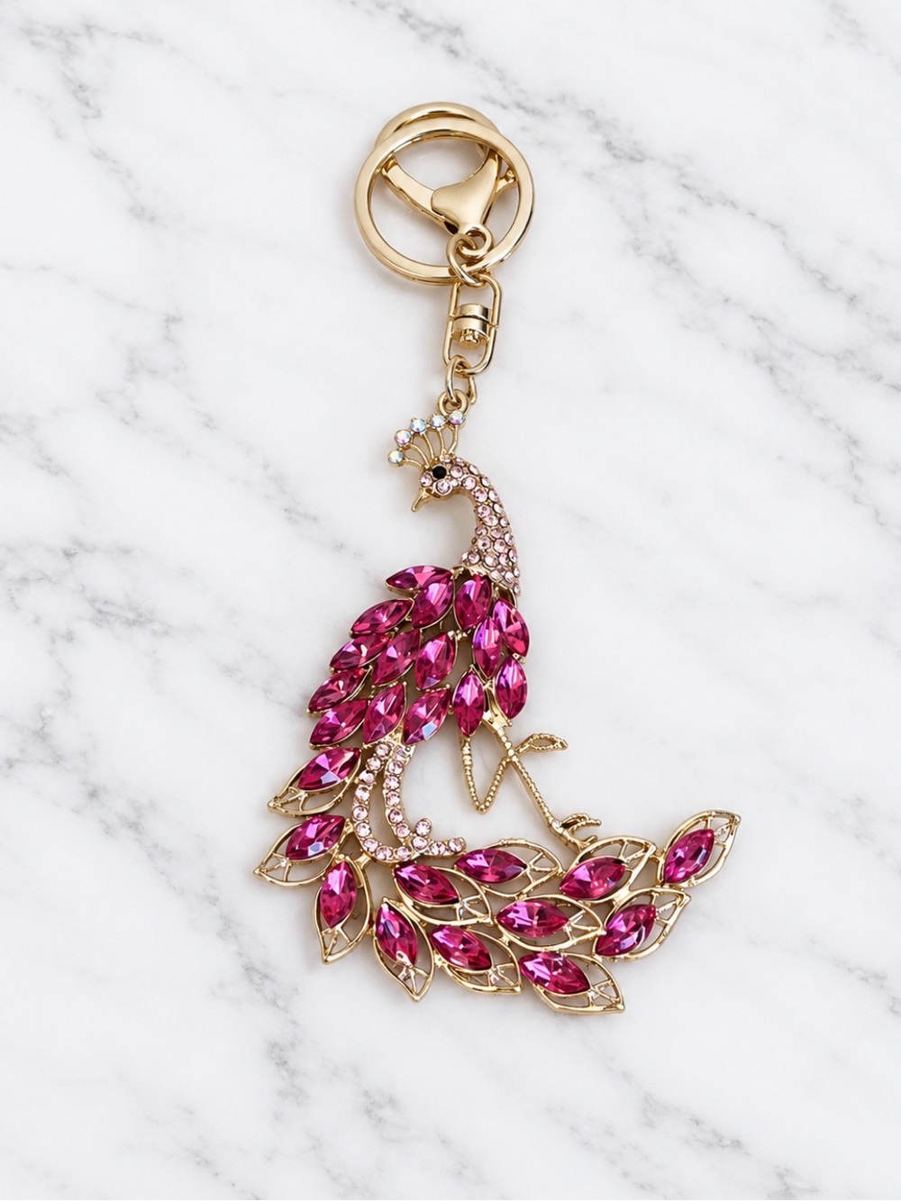 Peacock Bag Charm/Keyring with Pink Crystals Accents - Gold Hardware